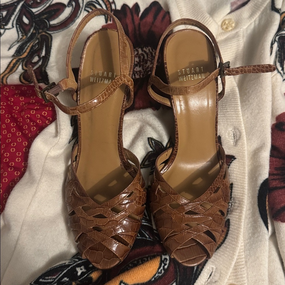 Stuart Weitzman Cognac Croc-Embossed Leather Heeled Sandals